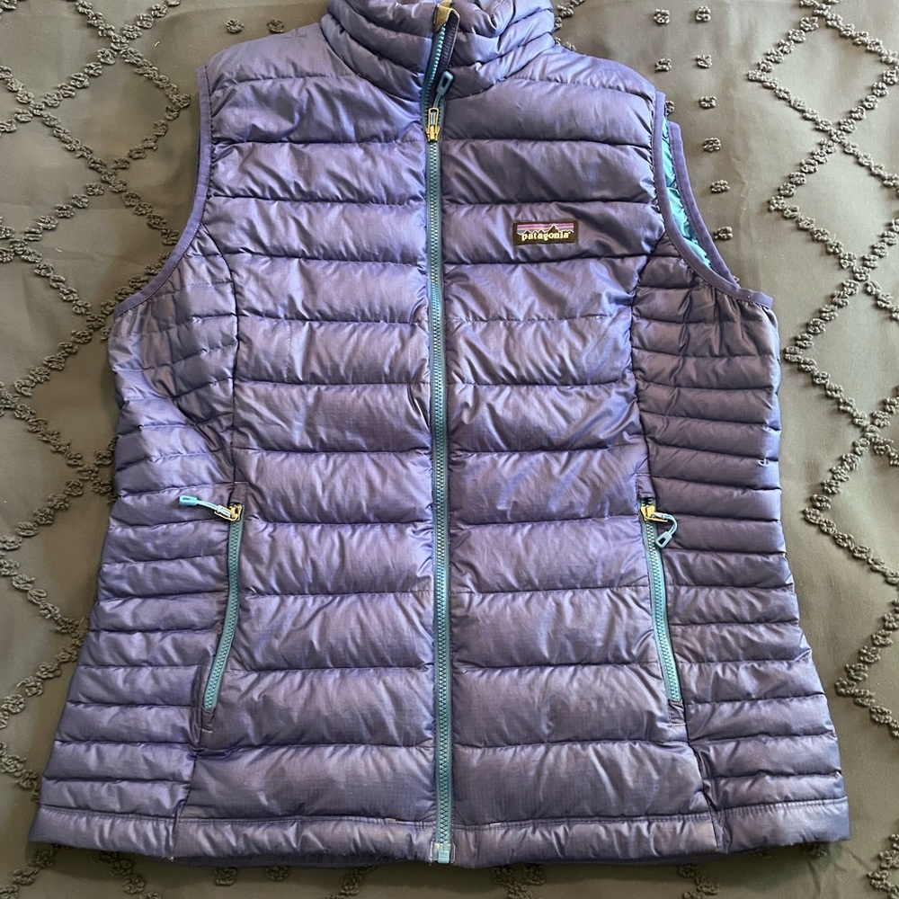 Patagonia Lavender Quilted Down Vest with Teal Trim